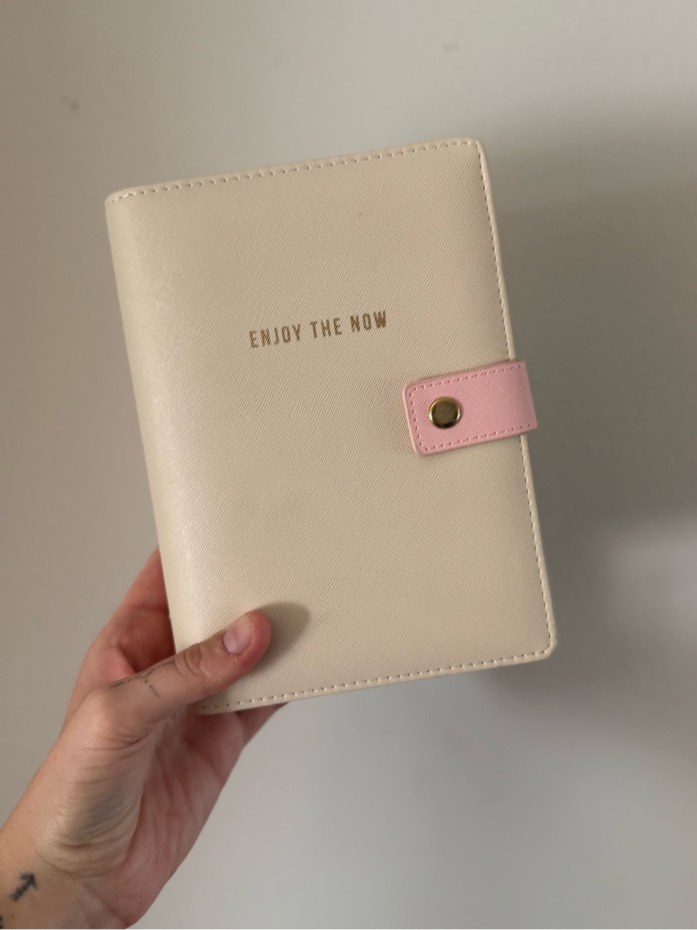 Cream Planner Notebook with Pink Snap Closure - Enjoy The Now